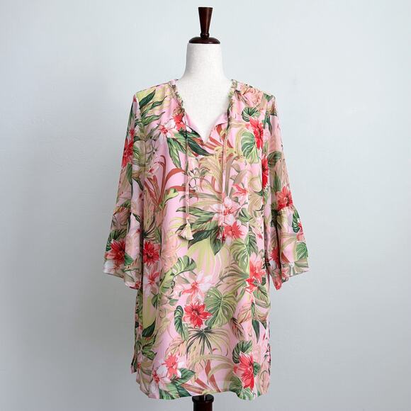 J. Jill Tops - J. Jill Tropical Paradise Floral Pink Bell Sleeve Crinkle Crepe Tunic Blouse NWT